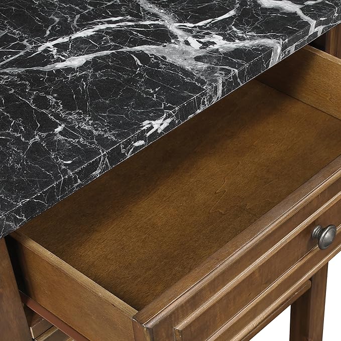 OSP Home Furnishings Fairmont Modern Farmhouse Kitchen Cart, Rolling Storage Cabinet with Drawer, Shelves, Hooks, Towel Bar, Oak Wood Finish with Faux Marble Top