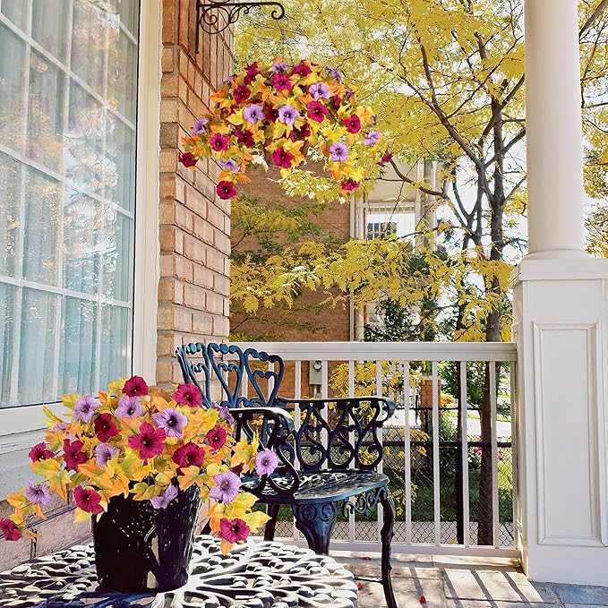 Fall Flowers Artificial for Decoration Fake Petunias Plants for Outdoor, 2PCS Autumn Silk Faux Flower UV Resistant No Fade Floral for Garden Balcony Yard Porch Realistic Indoor Decor (Burgundy Purple)