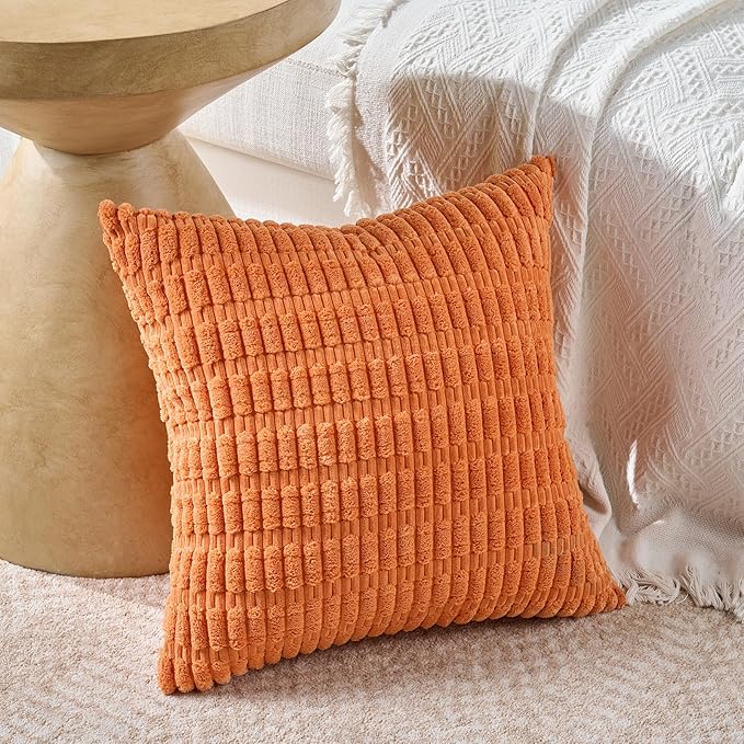 Fancy Homi Set of 4 Burnt Orange Fall Decorative Throw Pillow Covers 18x18 Inch for Couch Bed Chair, Modern Farmhouse Boho Room Decor, Soft Fuzzy Corduroy Textured Striped Cushion Case 45cm