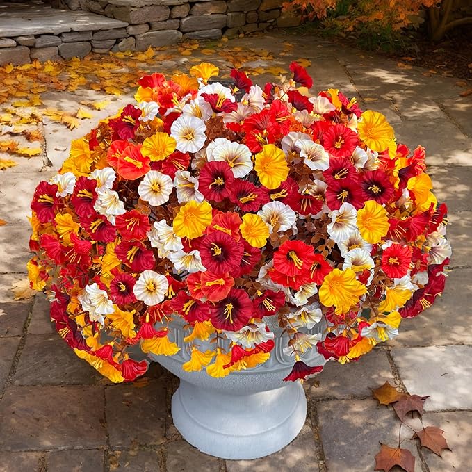Artificial Fall Flowers for Outdoor, Fake Petunias Plants, Faux Flower, Fake Mums, 4PCS Fall Outdoor Decoration, UV Resistant, Silk Morning Glorias, for Home Garden Porch Planter (Deep Autumn)