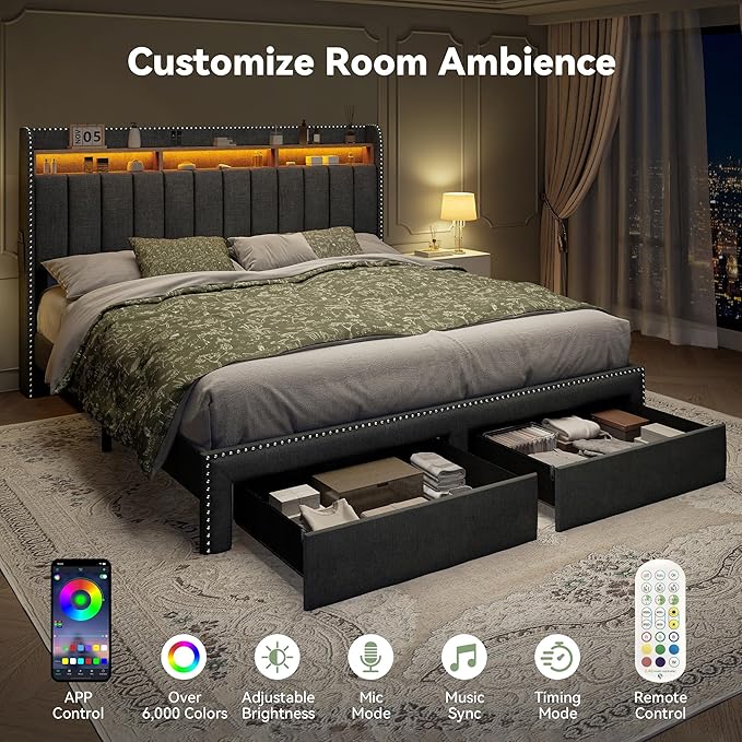 Torana King LED Bed Frame with 2 Drawers, Linen Upholstered Storage Wingback Headboard Beds, Channel Tufted Platform Bedframe with Rivet Decor, No Box Spring Needed, Dark Grey