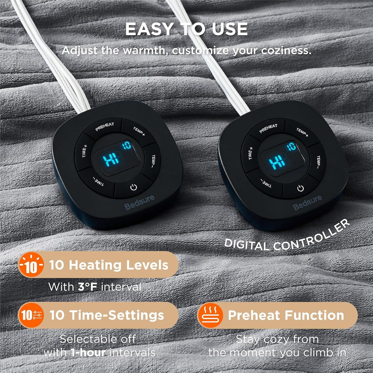 Bedsure Electric Blanket King Size - Dual Control Heated Blanket King Size, Fast Heating with 10 Time Settings & 10 Heat Settings, Warm Gift for Grandma (100x90 inches, Grey)