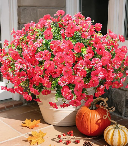 Fake Plants Artificial Flowers for Outdoor Outside Summer Decoration, 12 Bundles Faux Flowers Silk Hot Pink Morning Glory with Eucalyptus Look Real UV Resistant for Planter Front Door Porch Yard Patio