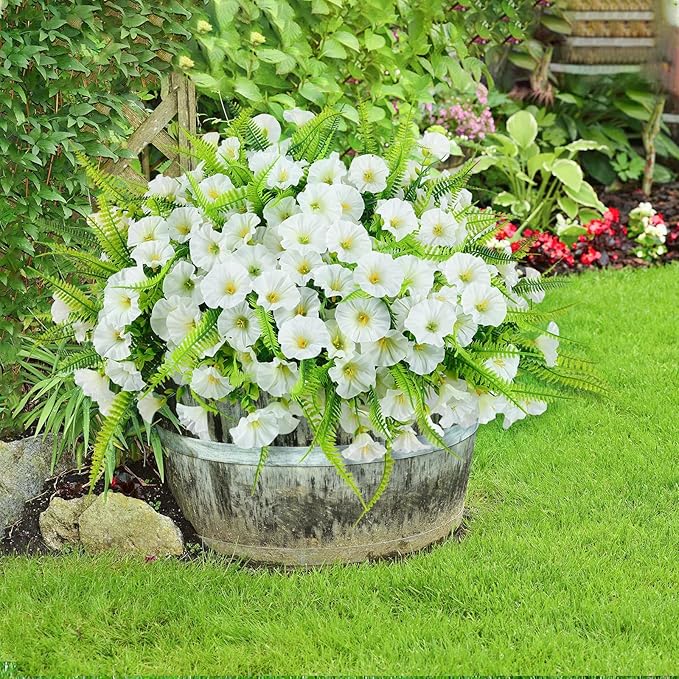 Artificial Flowers Outdoors 12 Bundles White Artificial Petunias Fake Flowers UV Resistant Shrubs Plants with Fern for Indoor Outside Hanging Planters Home Garden Summer Decorations