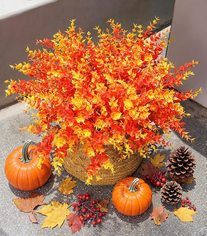 Artificial Fake Fall Autumn Eucalyptus Plants Flowers for Outdoor Outside Decoration, Faux Silk Orange Boxwood Look Real UV Resistant for Home Porch Patio Planter Decor，12 Bundles
