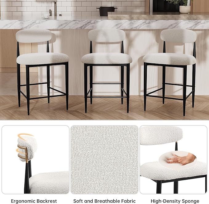 Morden Fort Counter Height Bar Stools Set of 4, Modern White Counter Stools with Black Metal Legs and Curved Backs, 26" Boucle Island Chairs for Kitchen and Home Bar