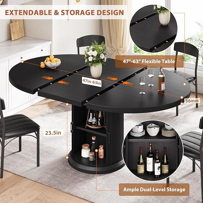Extendable Round Kitchen Dining Room Table for 4-6 with 2-Tier Storage Shelf, 63'' Space Saving Expandable Wood Oval Circle Dinner Furniture with Pedestal Base(Black)