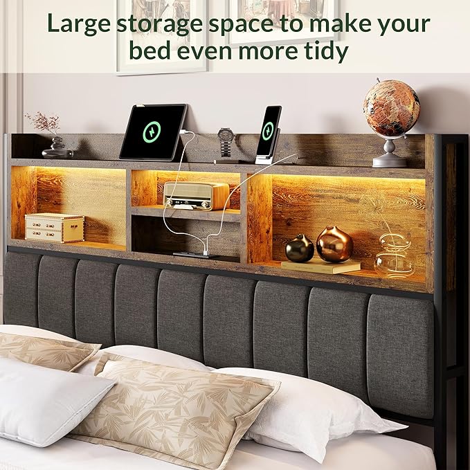 LARMACE Queen Bed Frame with 6 Storage Drawers, Bed Frame Queen Size with Linen Upholstered Headboard, Built in Charging Station and LED, No Noise, Metal Support, No Box Spring Needed,Vintage Brown