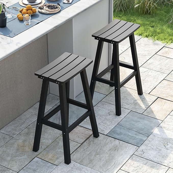 nalone 29 Inch Outdoor Bar Stools Set of 2, HDPE Bar Chairs with Footrest, Weather Resistant Barstool Outside Stools for Bars, Kitchen Counter, Balcony (Black, 29'' Barstools Set of 2)