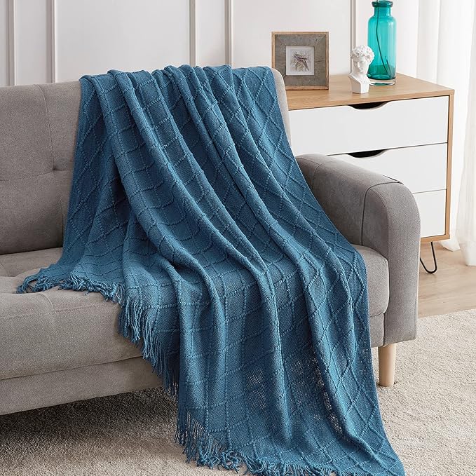 BOURINA Royal Blue Throw Blanket 50 x90 Inches Throw Textured Solid Soft Sofa Throw Couch Cover Knitted Decorative Blanket