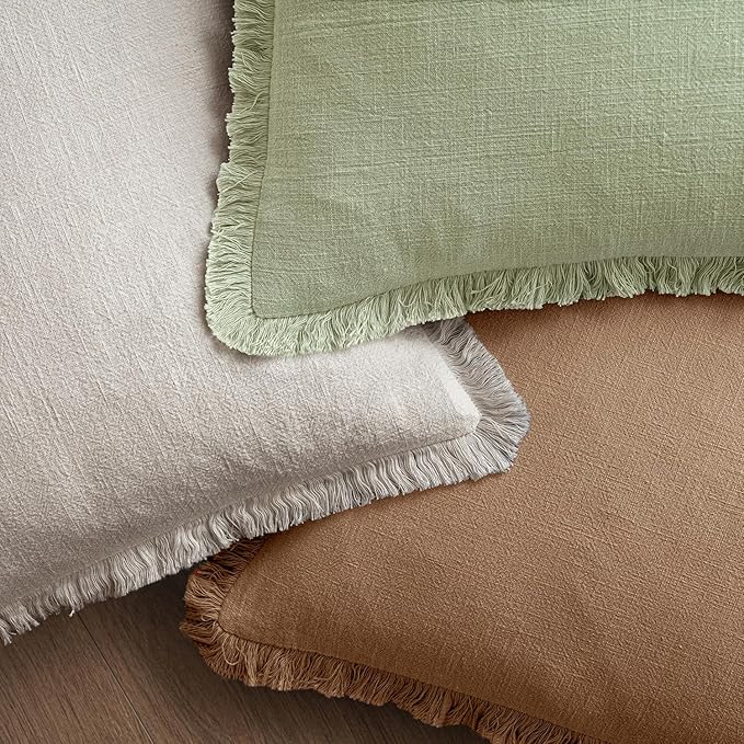 MIULEE Decorative Throw Pillow Covers Neutral Linen Fringe Throw Pillows Set of 2 Sage Green Boho Farmhouse Cushion Covers with Tassels for Couch Sofa Bed Living Room Spring Home Decor 18x18 Inch