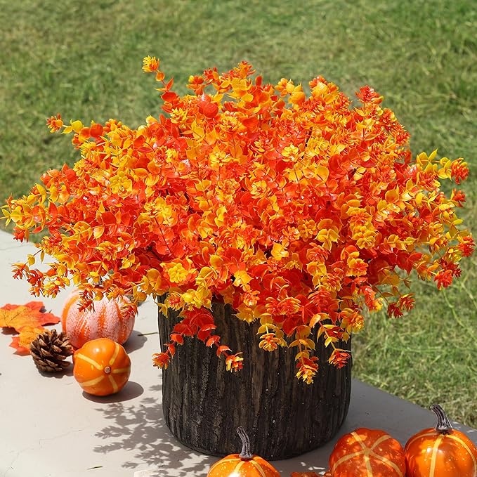 Ivydale Artificial Fake Mums Fall Flowers Plants for Outdoor Outside Autumn Decor, 12 Bundles Faux Orange Daisy Plastic Greenery UV Resistant for Front Door Porch Patio Balcony Garden Yard Decor