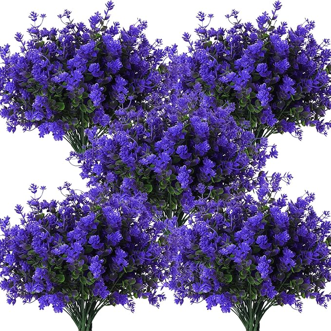 RECUTMS Fake Outdoor Flowers Artificial Flowers Plants for Window Boxes Spring Outdoor Home Decoration, 10 Bundles Fake Faux Eucalyptus for Outside Home Planter Porch Patio Window Yard Decor(Purple)