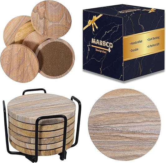 Sandstone Water Absorbent Hand Crafted Round Coasters for Drinks - 4 Inches Wide Thirsty Stone Bar/Drink Coasters- Made from Rainbow Sandstone (Set of 6 with Holder)
