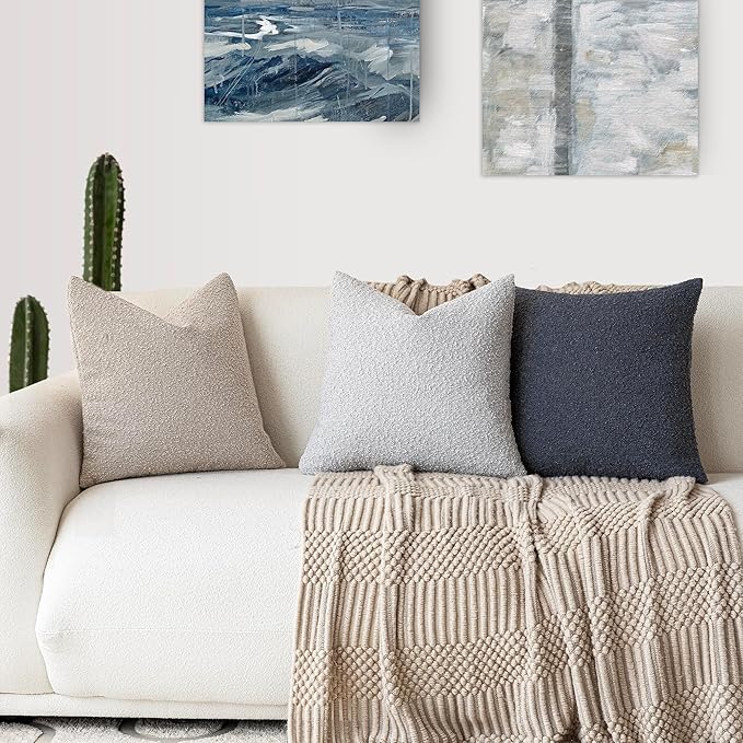 Foindtower Set of 2, Decorative Textured Boucle Throw Pillow Covers Accent Solid Pillow Cases Neutral Soft Cozy Couch Cushion Case for Chair Sofa Bedroom Living Room Home Decor 16 x 16 Inch Light Grey
