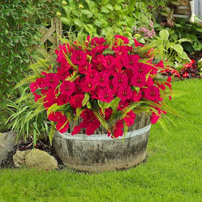 Artificial Flowers Outdoors 12 Bundles Artificial Petunias Fake Flowers UV Resistant Shrubs Plants with Fern for Indoor Outside Hanging Planters Home Garden Summer Decorations(Rose Red)