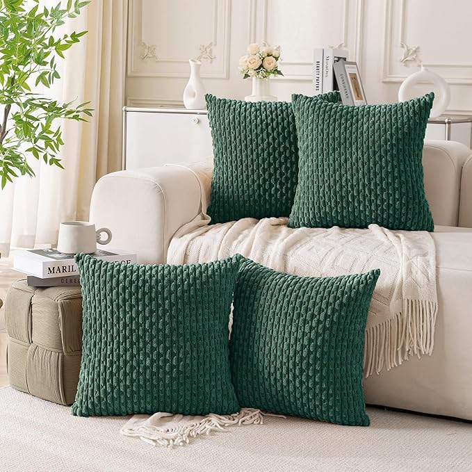 Set of 4 Dark Green Decorative Throw Pillow Covers 24x24 Inch Corduroy Pillow Covers for Bed Couch Sofa Living Room Soft Square Cushion Cases