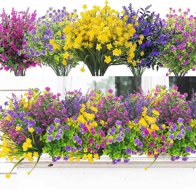 20 Bundles Artificial Flowers Outdoor UV Resistant No Fade Fake Plants Faux Plastic Shrubs for Garden Patio Porch Window Box Home Wedding Farmhouse Hanging Décor