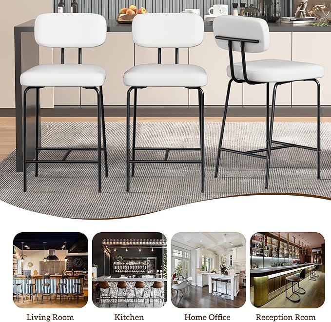 Counter Height Bar Stools Set of 2, 26" Faux Leather Kitchen Counter Stools with Backs, Metal Legs, Footrest, Bar Chairs for Kitchen Island, White