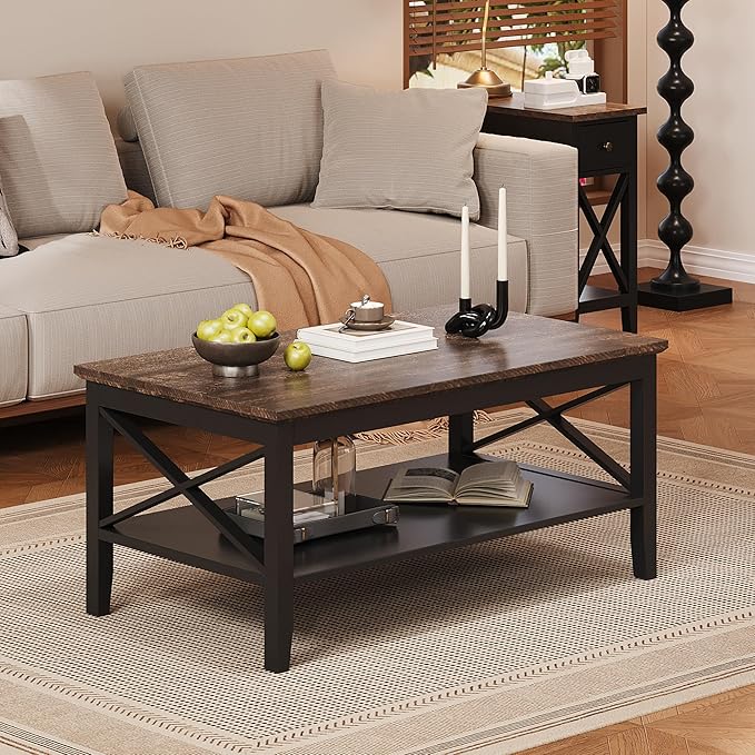 ChooChoo Coffee Table, Wooden Coffee Tables with Thicker Legs, Black Coffee Table with Storage for Living Room