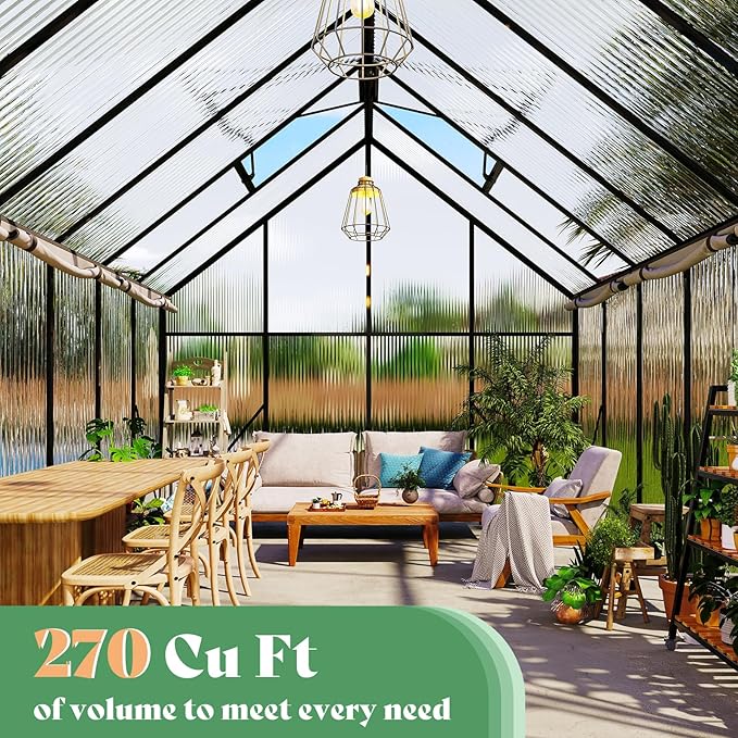 Amerlife 6x8x6.3 FT Ft Polycarbonate Greenhouse for Outdoors, Walk-in Design with Aluminum Frame, 2 Windows and Swing Door, Heavy-Duty Greenhouse Construction for Garden, Black