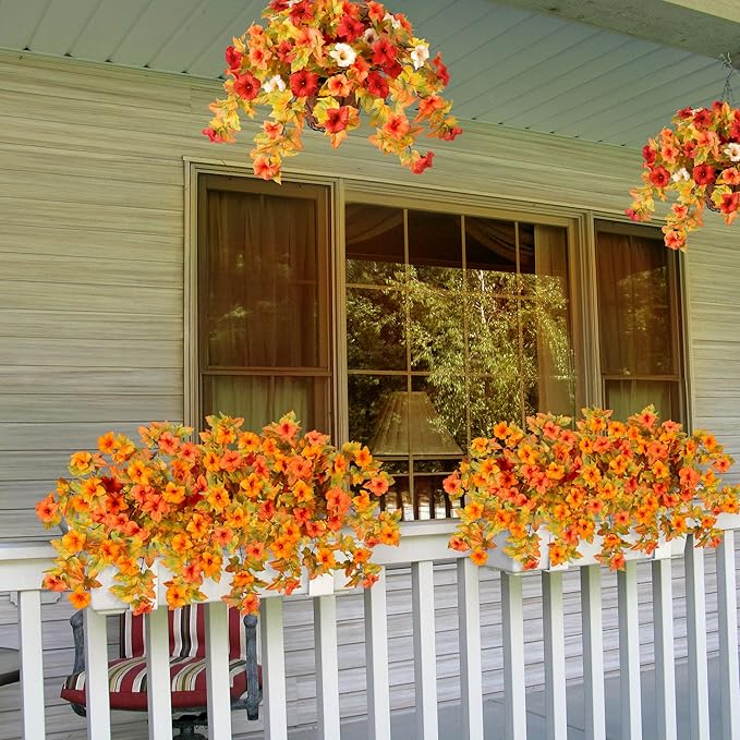 Fall Flowers Artificial for Decoration Fake Petunias Plants for Outdoor, 2PCS Autumn Silk Faux Flower UV Resistant No Fade Planter Floral for Garden Balcony Yard Porch Realistic Indoor Decor (Orange)