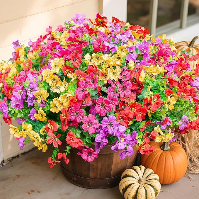 Artificial Fake Plants Flowers for Outdoor Outside Spring Summer Decoration, 12 Bundles Faux Silk Colorful Mix Daisy UV Sun Resistant Realistic for Porch Patio Home Planter Window Box Yard