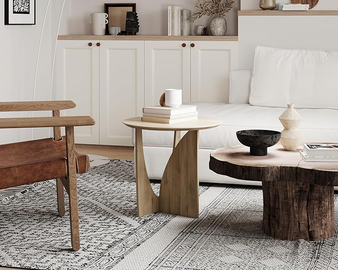 Round Side Table,Modern Aesthetic End Table with Oak Veneer,Wood Accent Table for Living Room, Bedroom (A, Natural)
