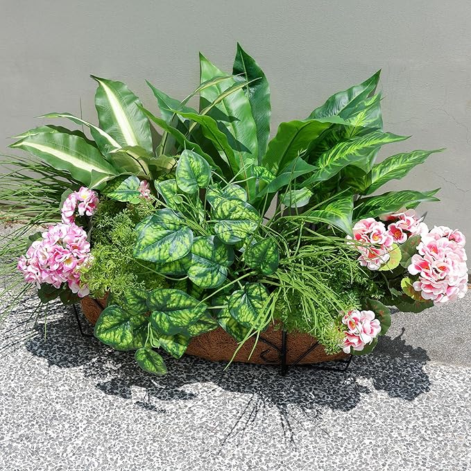 Artificial Greenery Plants & Flowers for Outdoor UV Resistant 10 Bundles Fake Plants Plastic Leaves with Stems for Outside Garden Porch Decor (Mixed-PurplePink)