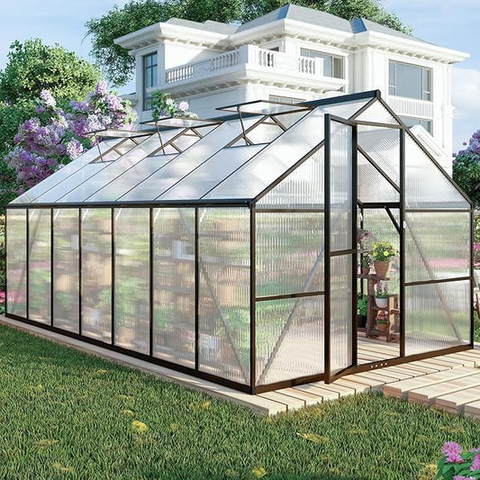 8x14 FT Greenhouses for Outdoors, Polycarbonate Greenhouse with PC Panels, Greenhouses for Outdoors for Yard, Garden, Hobby, Dark Grey