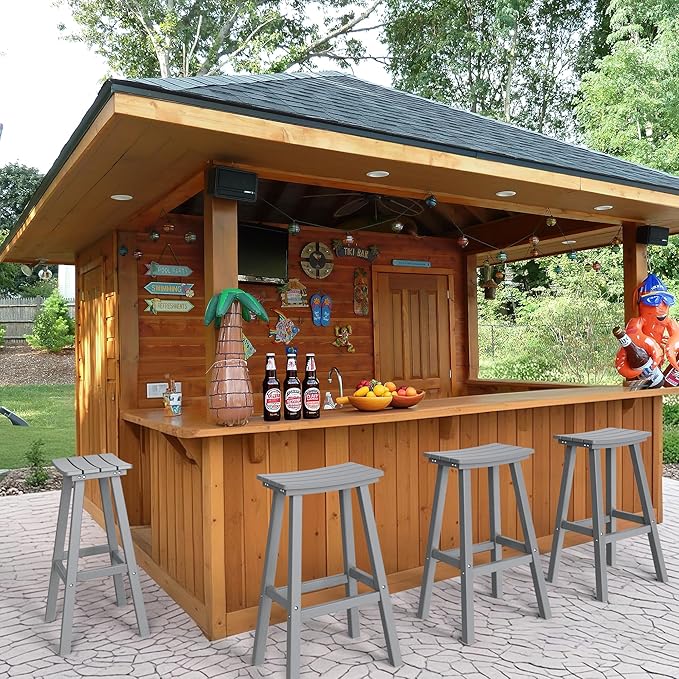 nalone 29 Inch Outdoor Bar Stools Set of 2, HDPE Bar Chairs with Footrest, Weather Resistant Barstools Outside Counter Height Stools for Yard, Balcony (Grey, 29'' Barstools Set of 2)