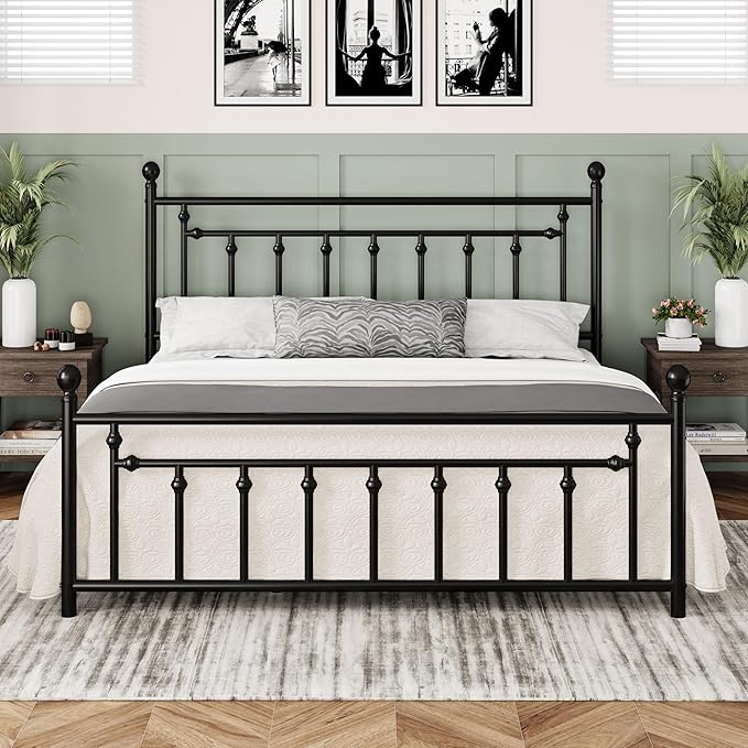 Allewie 14 Inch King Size Metal Platform Bed Frame with Victorian Vintage Headboard and Footboard/Mattress Foundation/Under Bed Storage/No Box Spring Needed/Easy Assembly/Noise Free/Black