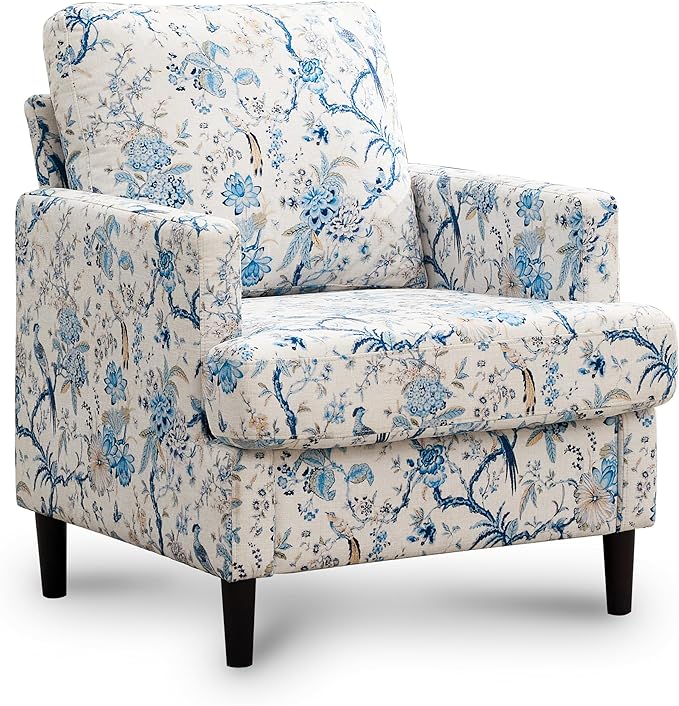 Mid-Century Accent Chair,Modern Linen Fabric Armchair for Living Room,Comfy Upholstered Reading Accent Chairs for Bedroom,Single Sofa Chair with Wood Legs (Blue Flowered Bird, 1 Pack)