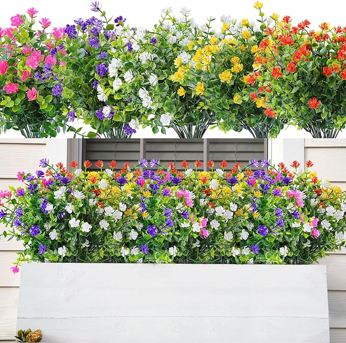 AmyHomie 20 Bundles Artificial Flowers for Outdoor Outside Spring Summer Decoration UV Resistant Faux Flowers No Fade Fake Plastic Plants Garden Porch Window Box Decorating