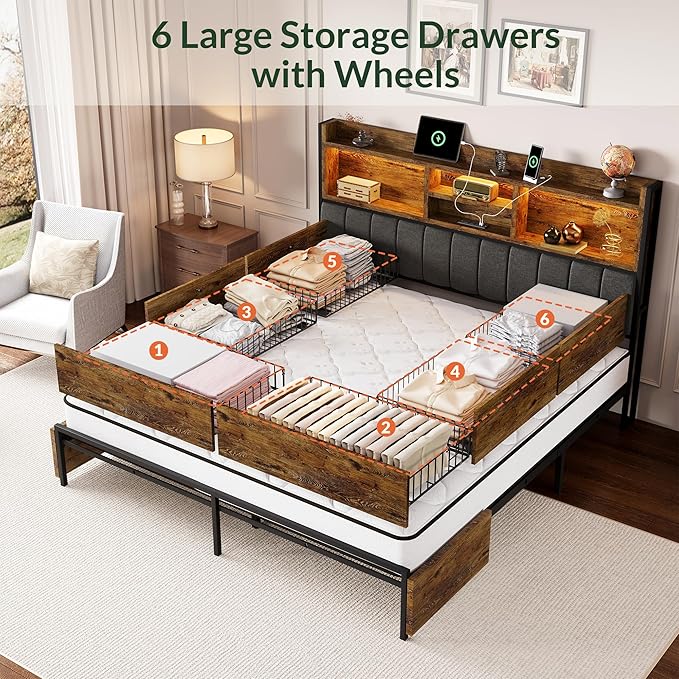 LARMACE King Bed Frame with 6 Storage Drawers, Bed Frame King Size with Linen Upholstered Headboard, Built in Charging Station and LED, No Noise, Metal Support, No Box Spring Needed,Vintage Brown