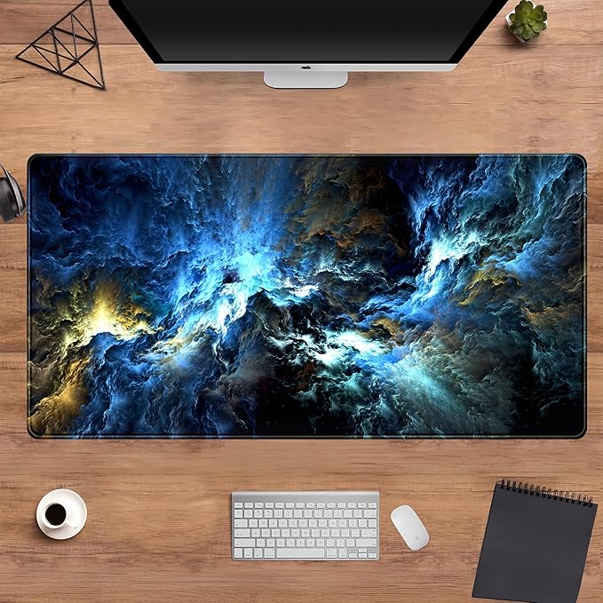 Cool Blue Waves Desk Mat XXL Gaming Mouse Pad, Large Extended Non-Slip Rubber Base Mousepad, Keyboard Mouse Mat, Desk Pad with Stitched Edges 31.5x15.75 in, Desktop Accessories Mat for Women