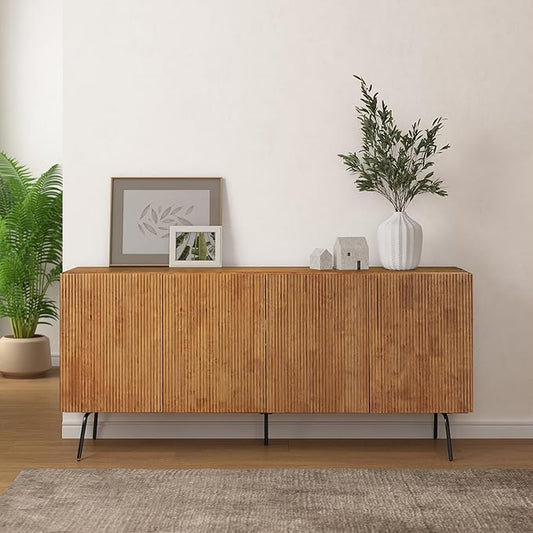 NTC Veil Modern Sideboard with 4 Doors, Buffet Cabinet with Vertical Groove Design and Metal Legs, Storage Cabinet for Living Room, and Hallway, Effortless Assembly, Teak Look