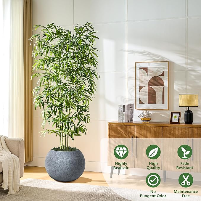 Artificial Bamboo Tree 6FT Tall Fake Plants Faux Silk Plant, Faux Bamboo Plant for Home Office Indoor Outdoor Decor Artificial Trees with Tall Planter