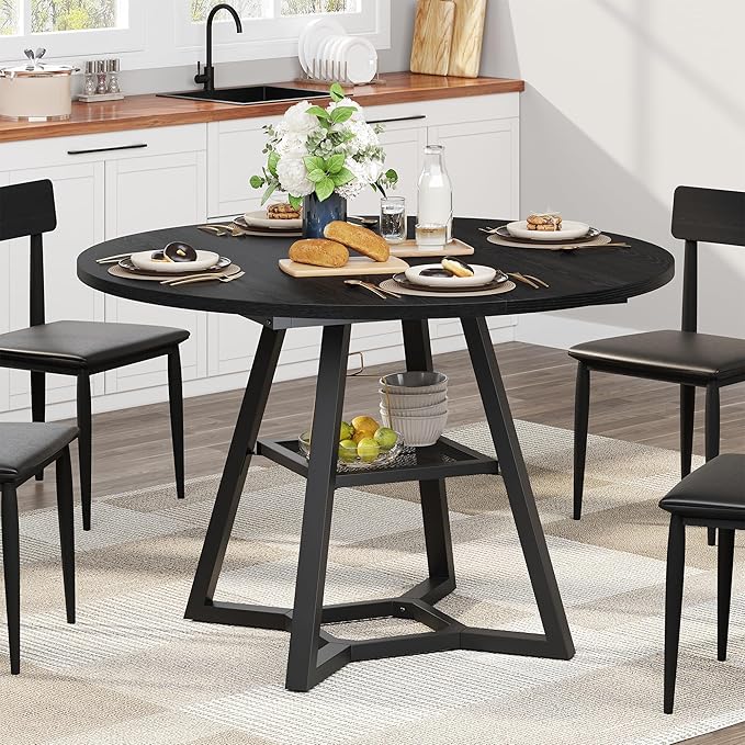 Round Dining Table for 4, Black Kitchen Tables Dining Room Circle Dinner Table with Pedestal Metal Frame, 47 Inch Space Saving Wood Industrial Kitchen & Dining Room Tables