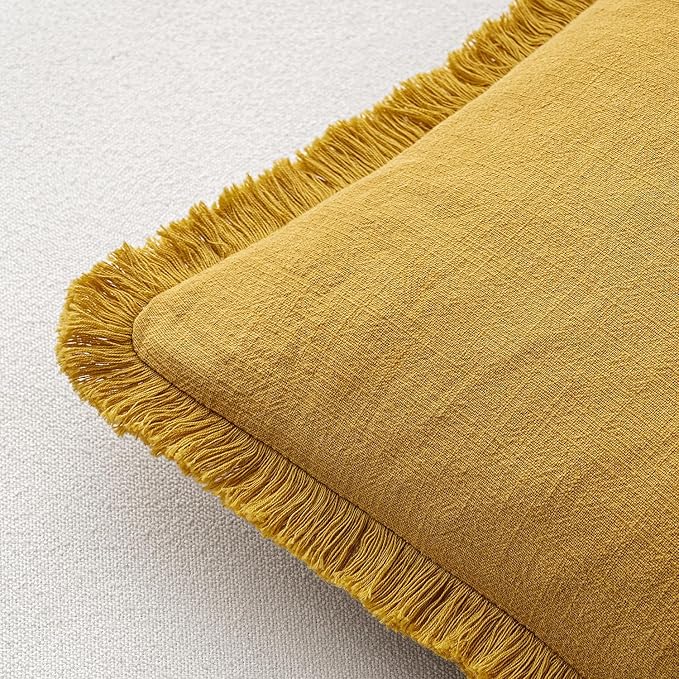 MIULEE Decorative Lumbar Throw Pillow Covers Neutral Linen Fringe Throw Pillows Set of 2 Mustard Yellow Boho Farmhouse Cushion Covers for Couch Sofa Bed Living Room Spring Home Decor 12x20 Inch