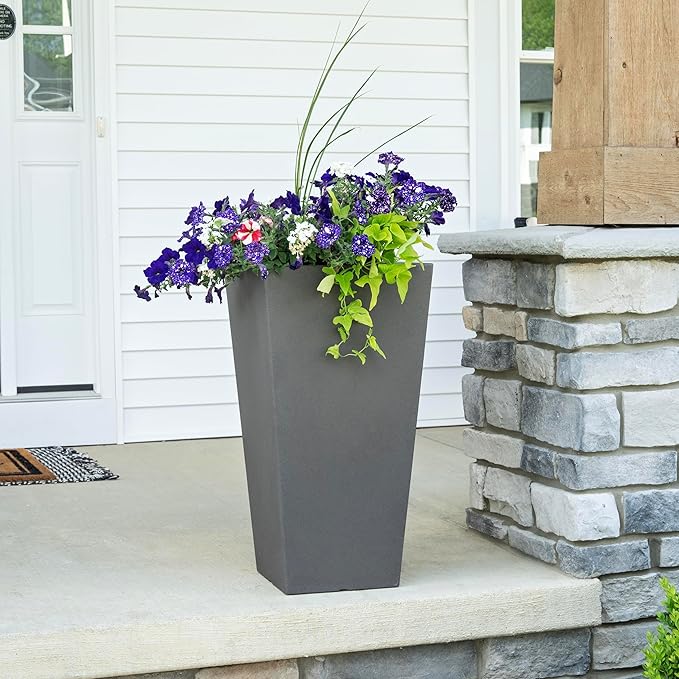Step2 Tremont Tall Square Tapered Planter, Large Planters for Outdoor Plants, Gardening and Flower Pot for Patio or Porch, Efficient Drainage, Durable Plastic, Dark Cedar, 2-Pack
