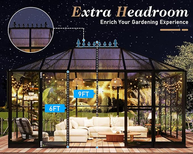 HOWE 14x9.5x9 FT Pavilion Styled Greenhouse with Clear Panels Double Swing Doors, 6 FT Wall Height Hybrid Polycarbonate Greenhouse, Green Houses for Outdoors, Sunroom Black
