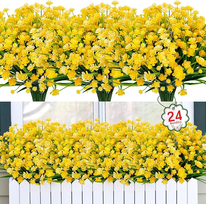 Ouddy Decor 24 Bundles Artificial Flowers for Outdoors UV Resistant Fake Plastic Plants Faux Boston Fern Greenery Stems for Spring Summer Indoor Garden Patio Window Box Kitchen Home Decor, Yellow