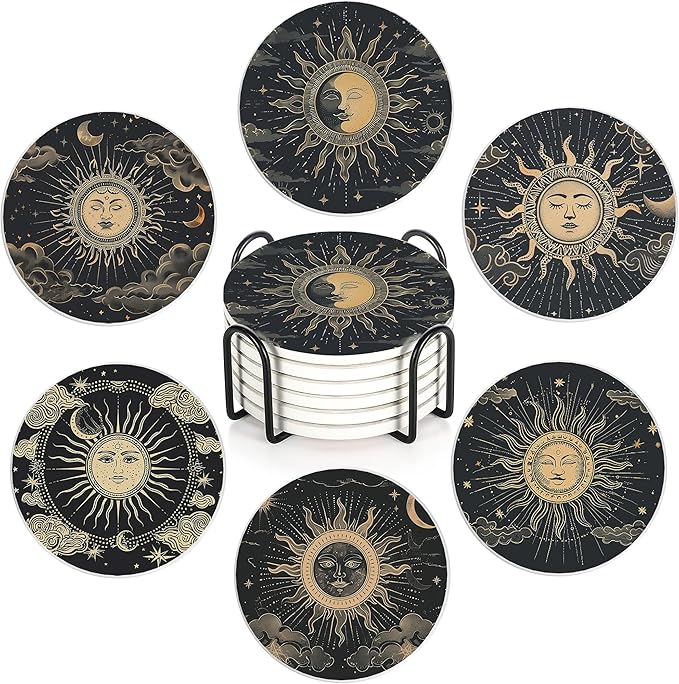 Drink Coasters Set of 6 with Holder, Gold Sun Moon Clouds Stars Absorbent Ceramic Coasters with Cork Base,Fit All Cups,Great Gift for Housewarming,Room Decor,Bar,Holiday Party