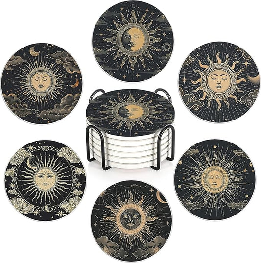 Drink Coasters Set of 6 with Holder, Gold Sun Moon Clouds Stars Absorbent Ceramic Coasters with Cork Base,Fit All Cups,Great Gift for Housewarming,Room Decor,Bar,Holiday Party