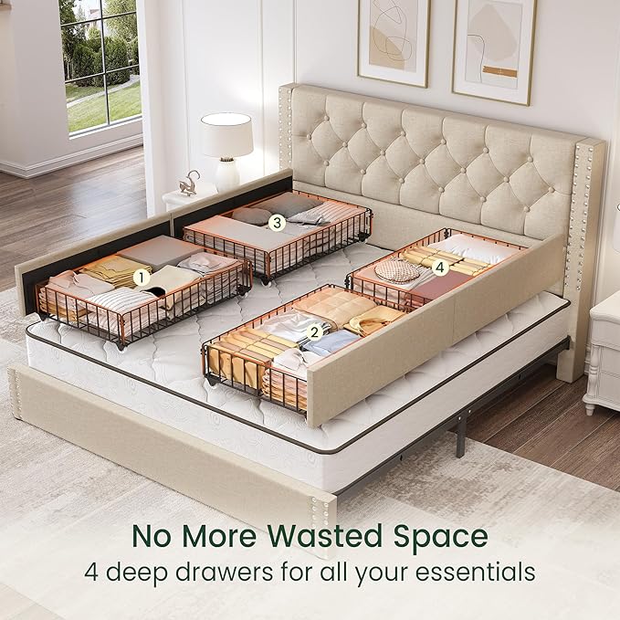 LARMACE Queen Size Bed Frame with 4 Storage Drawers and Tufted Headboard Linen Upholstered Platform Bed Frame with Heavy Duty Wood Slats, No Box Spring Needed, Easy Assembly, Beige