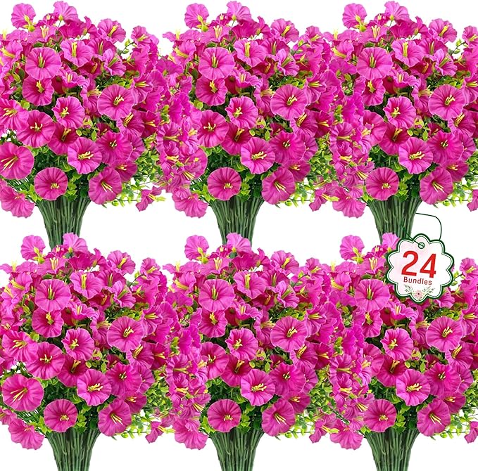 Ouddy Decor 24 Bundles Artificial Flowers for Outdoors Decoration Fake Silk Morning Glory Flowers Faux Eucalyptus Plants UV Resistant for Porch Patio Garden Spring Summer Home Decor, Fuchsia