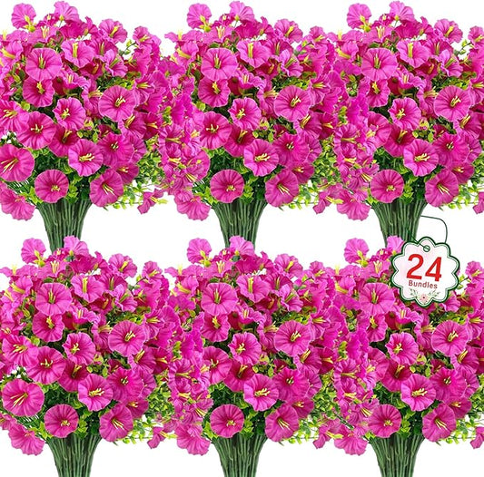 Ouddy Decor 24 Bundles Artificial Flowers for Outdoors Decoration Fake Silk Morning Glory Flowers Faux Eucalyptus Plants UV Resistant for Porch Patio Garden Spring Summer Home Decor, Fuchsia