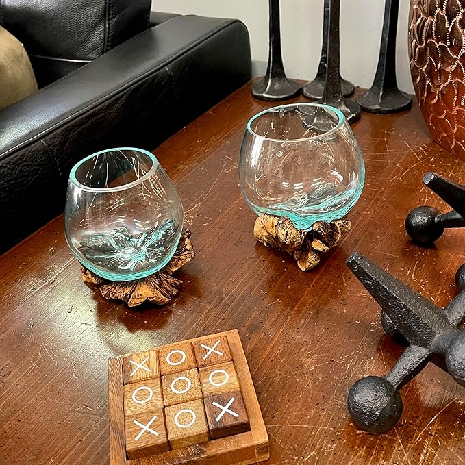 Melted Glass on Burl Wood Decorative Bowl, Vase, and Terrarium Planter - Approximately 5 Inches High - Nature-Inspired Artistry for Home and Garden