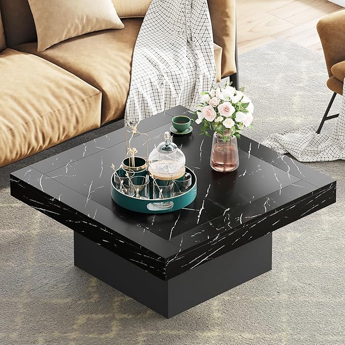 Tribesigns LED Coffee Table Square Engineered Wood Low Coffee Table for Living Room (Faux Marble Black+Black)